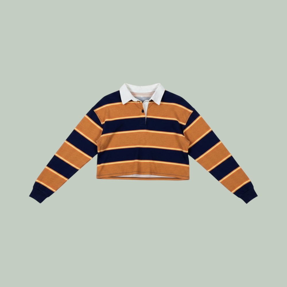 So Womens Striped Cropped Rugby Shirt Navy Brown Yellow Long Sleeve Small NEW